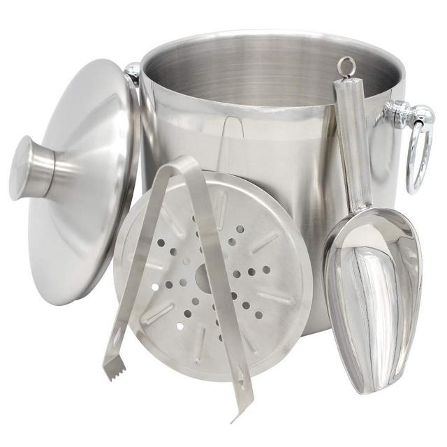 Ice Bucket Double Wall Insulated With Lid and Strainer- Well Made Champagne Bucket Keeps Ice Frozen Longer - 3 Liter Stainless Steel Ice Bucket with Lid, Strainer, Tongs,Scoop+Free waterproof Pad