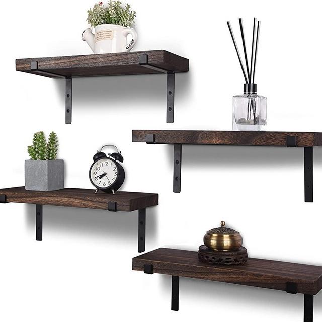 Rustic Wood Floating Shelves for Wall Farmhouse Wooden Wall Shelf for Bathroom Kitchen Bedroom Living Room Set of 4 Dark Brown