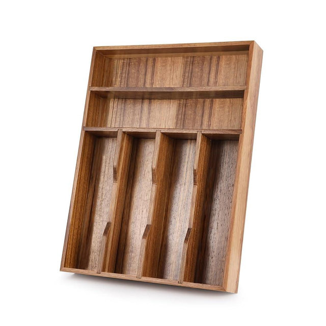 BIEOFFEI Acacia Wood Silverware Drawer Organizer, 12 Inch Adjustable Cutlery Tray for Kitchen Utensils, Silverware Flatware Storage Box with 5 Detachable Dividers (6-Compartment)