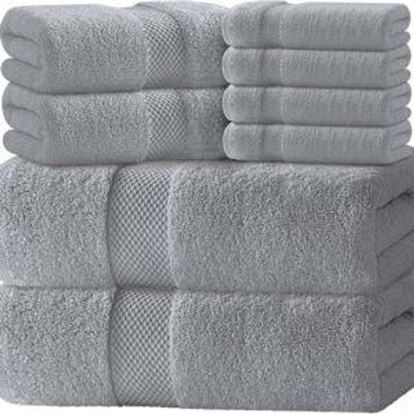 White Classic Luxury Bath Towel Set of 8 Pieces - 100% Turkish Cotton Highly Absorbent Towels for Bathroom, 2 Luxury Bath Towels 700GSM, 2 Hand Towels, 4 Washcloths, Dolphin Gray