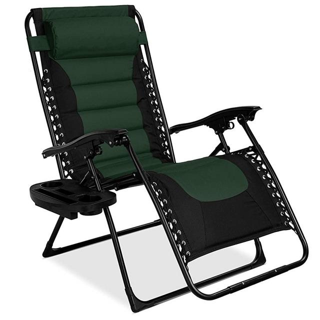 Best Choice Products Oversized Padded Zero Gravity Chair, Folding Outdoor Patio Recliner, XL Anti Gravity Lounger for Backyard w/Headrest, Cup Holder, Side Tray, Outdoor Polyester Mesh - Forest Green