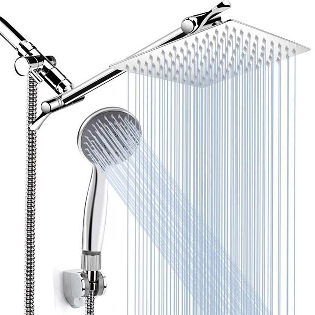 8'' High Pressure Rainfall Shower Head/Handheld Shower Combo with 11'' Extension Arm, Height/Angle Adjustable, Stainless Steel Bath Shower Head with Holder, 1.5M Hose, Chrome, 4 Hooks