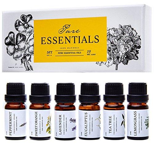 Essential oils by PURE ESSENTIALS 100% Pure Therapeutic Grade Oils kit- Top 6 Aromatherapy Oils Gift Set-6 Pack, 10ML(Eucalyptus, Lavender, Lemon grass, Orange, Peppermint, Tea Tree)