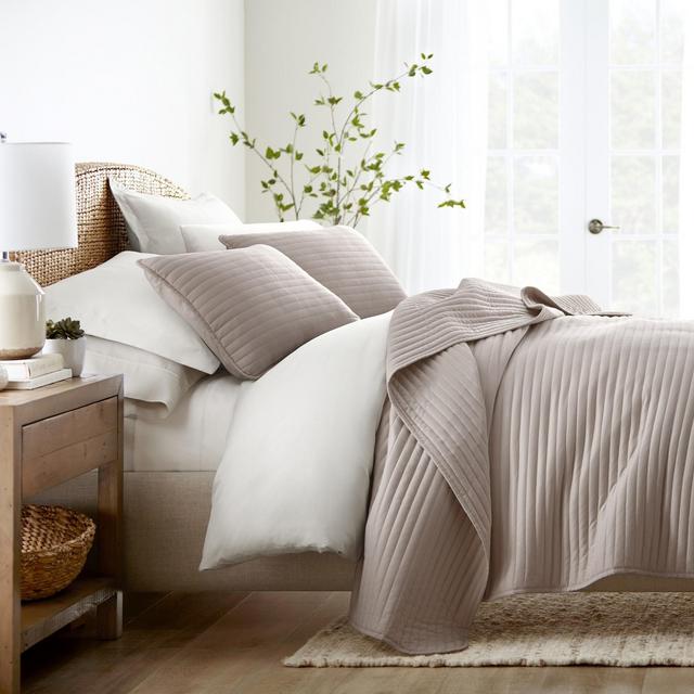 Stripes Floral and Diamonds Quilted Coverlet Set With Shams - Becky Cameron, Full/Queen, Stripe Stitch / Latte