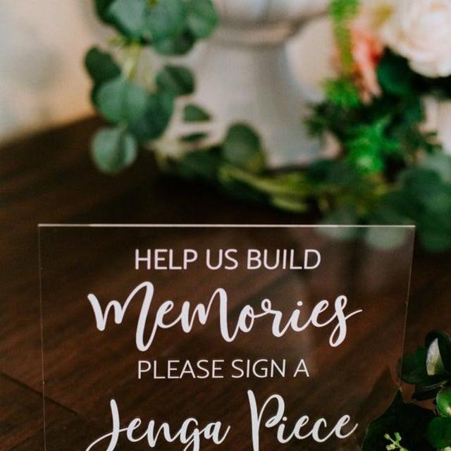 Help Us Build Memories Please Sign a Jenga Piece  Clear Glass Look Acrylic Wedding Sign, Guest Book Plexiglass Perspex Lucite Table Sign, MB