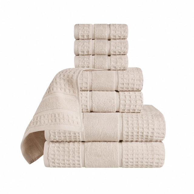 Zero Twist Cotton Waffle Honeycomb Medium Weight 8 Piece Bathroom Towel Set, Ivory - Blue Nile Mills