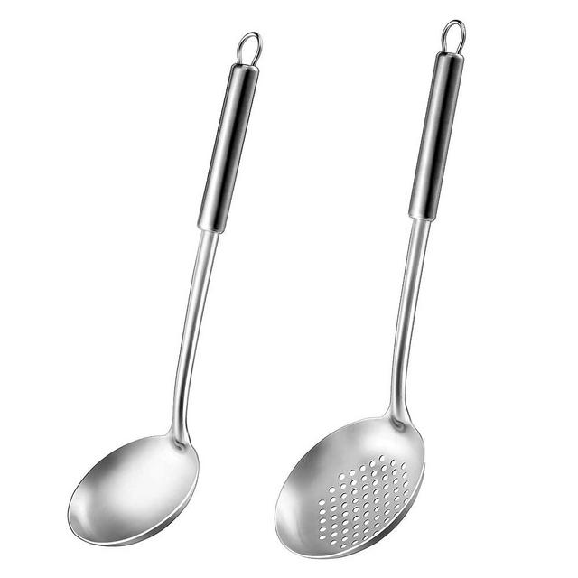 2-Pieces Ladle and Slotted Spoon, Pleafind Soup Ladle and Strainer Spoon, 304 Stainless Steel Cooking Spoon and Skimmer Spoon, Kitchen Utensils, Wok Utensils for Home and Restaurant, Dishwasher Safe