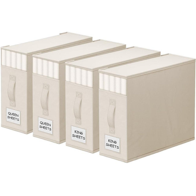 StorageTastic 4 Pack Bed Sheet Closet Organizers and Storage,Sturdy Foldable Storage Containers with Window and Label,Storage and Organization for Bedding Sheets,Duvet Covers,Blankets (Beige)