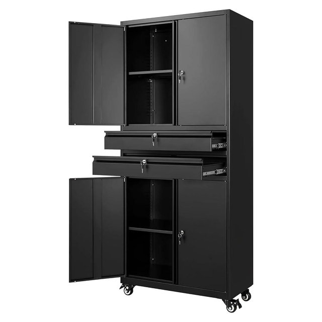 Yizosh Metal Garage Storage Cabinet with Locking Doors and Adjustable Shelves, Rolling Tool Storage Cabinet with 4 Wheels and 2 Drawer - 74" Steel Locking Cabinet for Garage, Warehouse