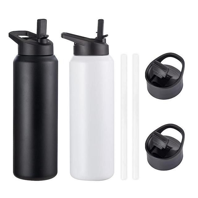 32oz Water Bottles Bulk with Straw & Flip Lids(2 Lids) & Handle, 2 Pack Insulated Water Bottle, Stainless Steel, Dishwasher Safe Gift for Sports Travel Gym Men Women Couples Wedding Anniversary