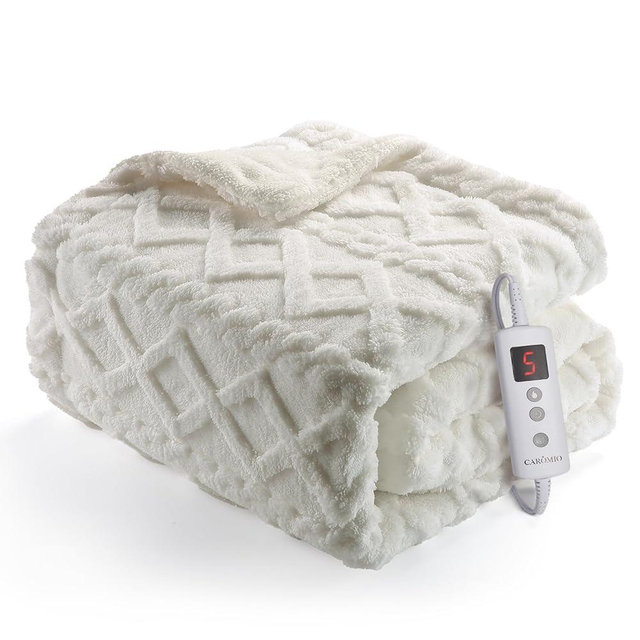 CAROMIO Heated Throw Blanket - Thick Tufted Sherpa Electric Blanket Throw with 10 Heating Levels and 10 Time Settings, ETL Certified Machine Washable Fast Heating Blanket Throw 50"×60", Off White