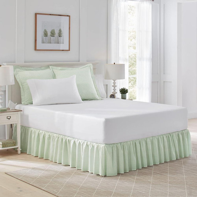 Laura Ashley Home - Cotton Ruffled Bedskirt, Lightweight & Classic Style (Ticking Stripe Green, Queen)