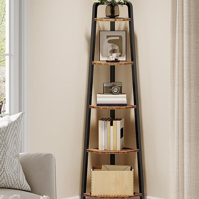 CHOEZON Corner Shelf, 5-Tier Ladder Corner Shelf, Ladder Bookshelf, 59.6" Tall Vertical Display Stand, Metal Frame Bookshelf, for Living Room, Bedroom, Kitchen, Rustic Brown and Black TCJ20BF