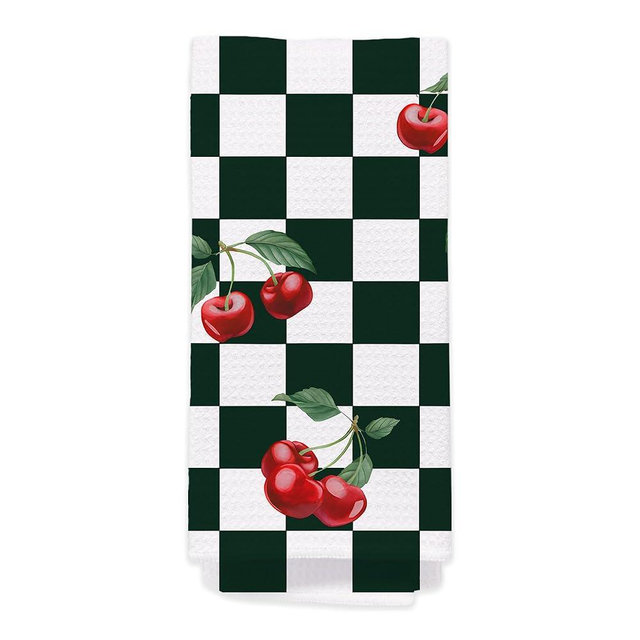 Cherry Hand Towels for Kitchen Bathroom - Retro Dark Green White Checkered Decorative Dish Tea Towels, Retro Plaid Cherry Kitchen Decor Accessories, Cherries Themed Housewarming Gifts New Home Idea408