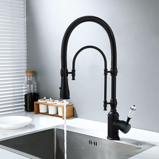 KunMai Single Handle High Arc Swiveling Dual-Mode Pull-Down Sprayer Kitchen Sink Faucet with Porcelain Handle in Matte Black,Lead-Free Solid Brass Pre Rinse Faucet