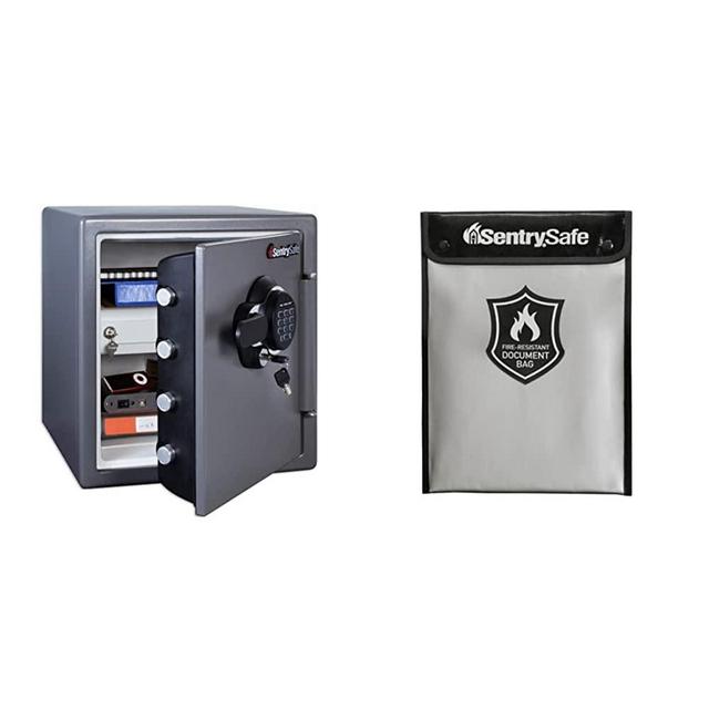SentrySafe SFW123GDC Fireproof Waterproof Safe with Digital Keypad, 1.23 Cubic Feet, Gun Metal Gray & Fire and Water Resistant Bag with Zipper for Documents, 1.5%22 x 11%22 x 15%22, FBWLZ0