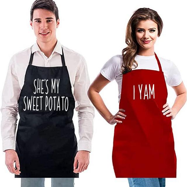 Witty Enterprise — Funny Couple Aprons — She’s My Sweet Potato, I Yam — Birthday, Engagement, Wedding Gift, Funny Gag Gift