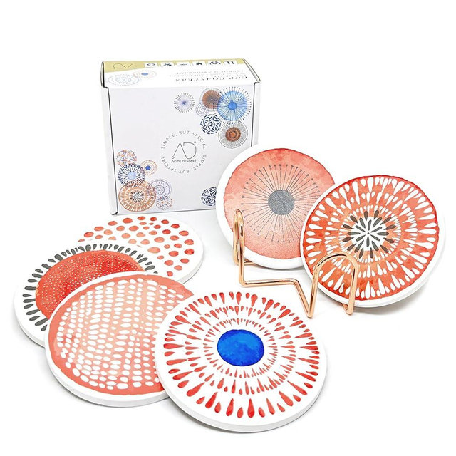 AD Set of 6 Coasters for Drinks Absorbing Round Ceramic Stone Coaster with Cork Base Tabletop Protection Mat for Mugs and Cups,Office,Kitchen (Rose Gold Holder)