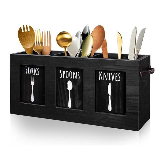 MINCORD Wood Flatware Organizer, Rustic Utensil & Silverware Holder for Forks, Spoons, Knives, Farmhouse Kitchen Cutlery Caddy Bin Countertop - Black
