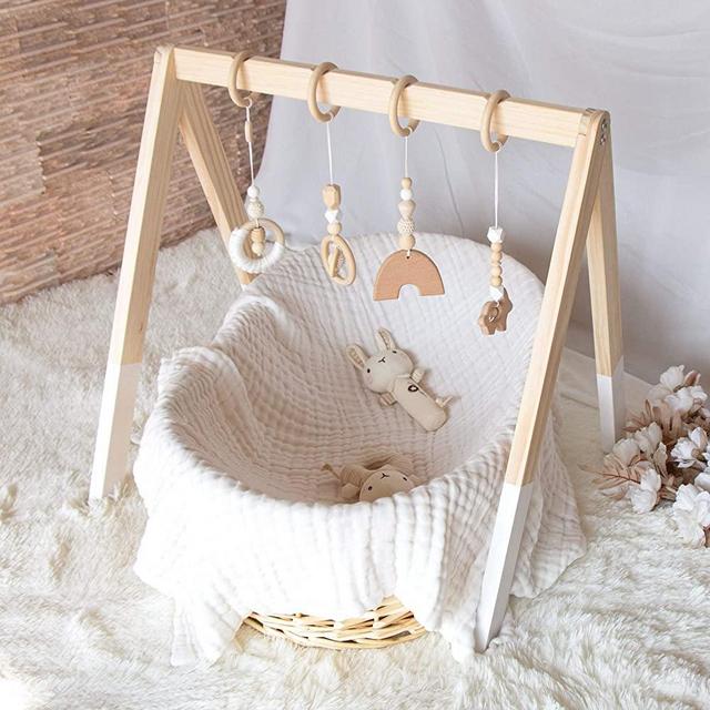 Wooden Baby Gym, OUBLANC Baby Play Gym with 4 Wooden Baby Hanging Toys for Play & Learn, Baby Activity Gym Frame Hanging Bar Toddler Gym Newborn Gift for Baby Girl and Boy