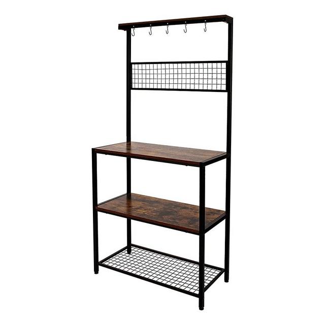 AZL1 Life Concept Industrial Kitchen Rack Cupboard with 10 Hooks, Mesh Panel, 3 Shelves, and Adjustable Feet, for Microwave Oven Cooking Utensils, 33.1 inches, Rustic Brown