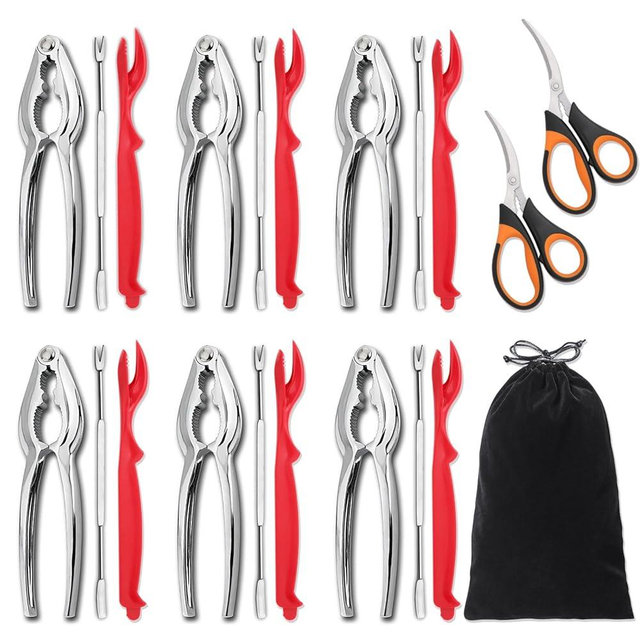 20-Pack Crab Crackers and Tools Set,Seafood Boil Party Supplies Includes 6 Crab Crackers, 6 Lobster Shellers, 6 Crab Leg Forks/Picks and 2 Seafood Scissors & Black Storage Bag - Nut Cracker Set