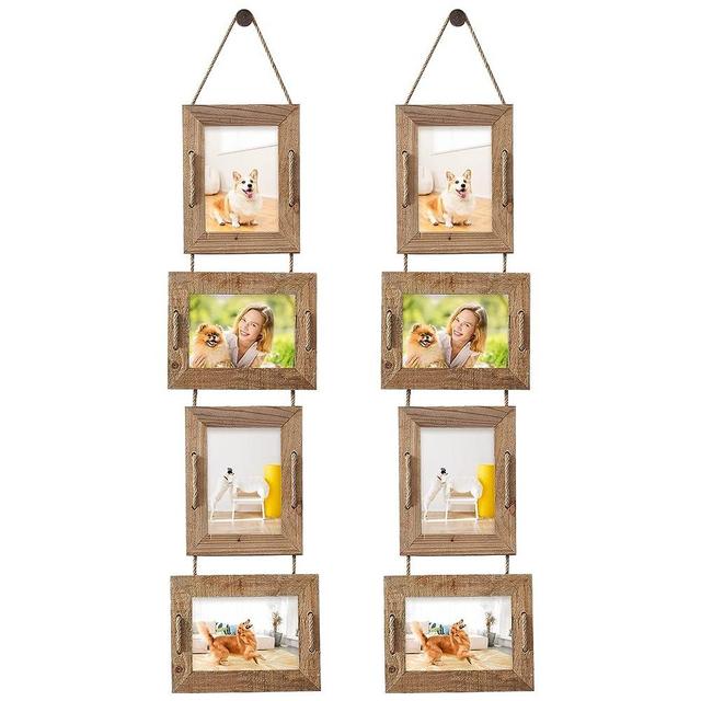 ABSWHLM 5x7 Picture Frames Rustic Solid Wood Hanging Picture Frames 4 Opening Photo Frame Display 4"x6" Pictures with Mat or 5"x7" Without Mat, 2 Pack Weathered Brown