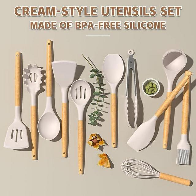 Cooking Utensils Set, 33 pcs Non-Stick Silicone Cooking Kitchen Utensils Spatula Set with Holder, Wooden Handle Silicone Kitchen Gadgets Utensil Set (Khaki)