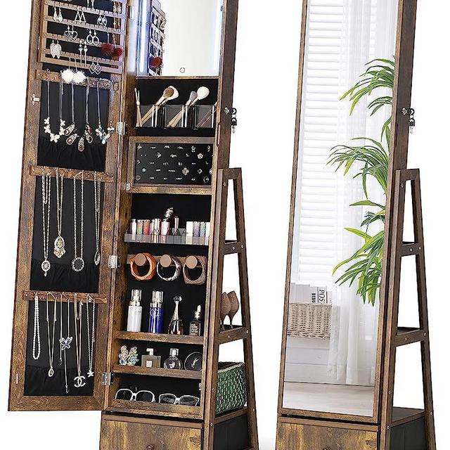 Nicetree 360° Swivel Jewelry Cabinet with Lights, Touch Screen Vanity Mirror, Rotatable Full Length Mirror with Jewelry Storage, Locking Jewelry Armoire Organizer, Foldable Makeup Shelf, Rustic Brown