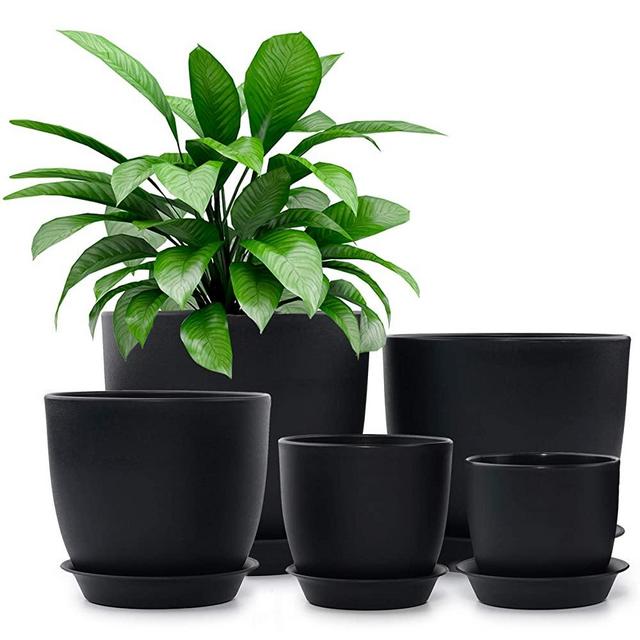 Plastic Planter, HOMENOTE 7/6/5.5/4.5/3.5 Inch Flower Pot Indoor Modern Decorative Plastic Pots for Plants with Drainage Hole and Tray for All House Plants, Succulents, Flowers, and Cactus, Black