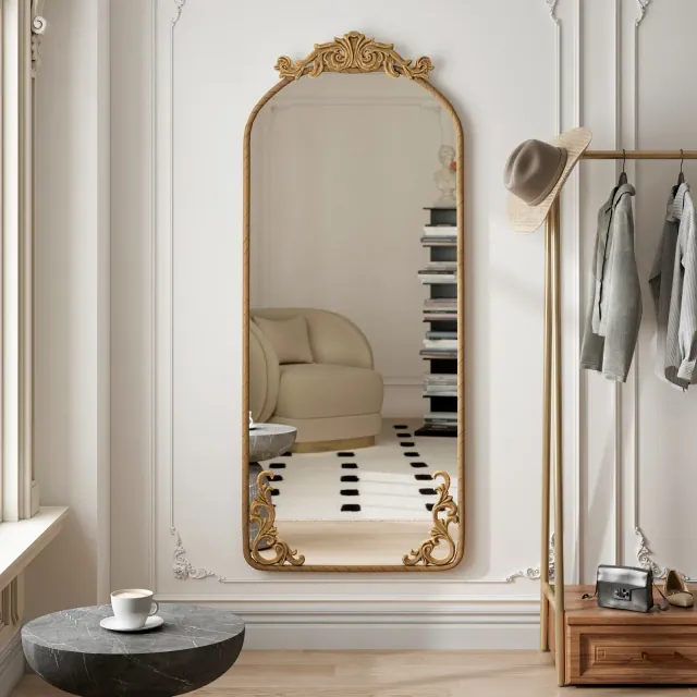 58"x24" Arched Vintage Full Body Mirror, Ornate Carved Applique, Wall Mount Mirror for Retro Home Decor, Bronze - ModernLuxe
