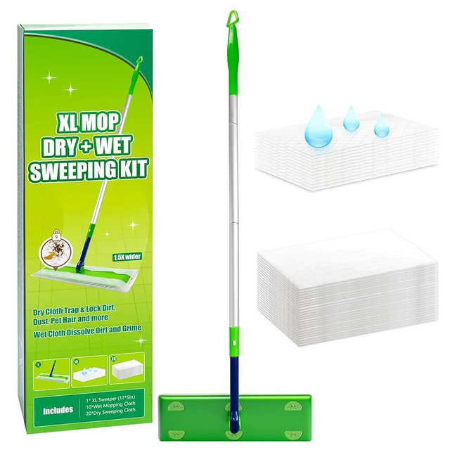 1.5X Wider XL Mop Set - 1 Long-Handle Mop, 10 Wet Pads & 20 Dry Pads, 360° Rotating Head, Fast Cleaning for Hardwood, Tile, Laminate Floors