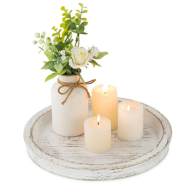 Hanobe Candle Plate Holder Tray: Round Wooden Decorative Candle Plate Small Farmhouse Table Centerpiece Rustic White Wood Tealight Pillar Trays for Christmas Wedding Halloween Home Decor