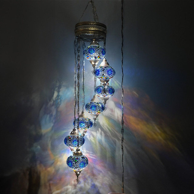 Turkish Ceiling Lamp, Turkish Pendant Lighting, Turkish Pendant Lamp, 7 Globe Mosaic Hanging Lamp, Turkish Lighting, 160 inch Extra Chain