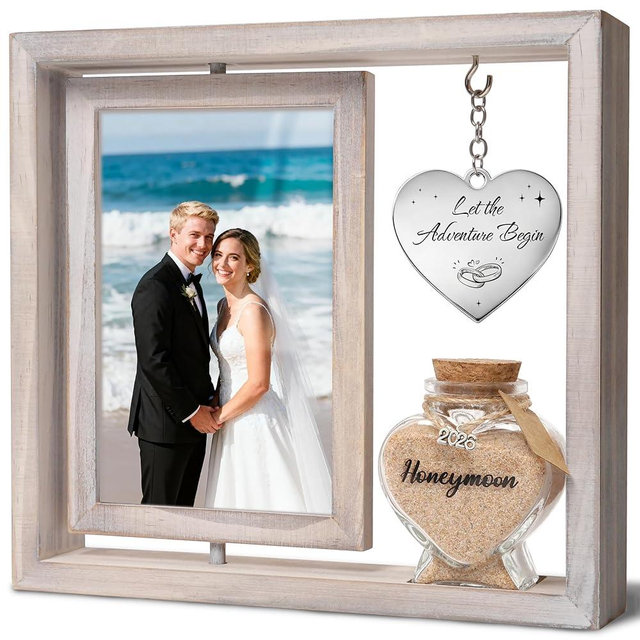 Wedding Gifts for Couples – 360° Rotating Double-Sided Picture Frame with Honeymoon Sand Keepsake Jar, Holds Two 4x6 Photos, Ideal for Bridal Shower, Mr & Mrs Engagement and Newlywed Gift Set (Let the adventure begin-White)
