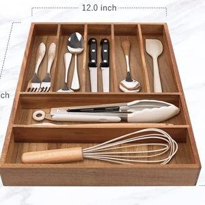 Bellsal Bamboo Silverware Organizer, 12"x15.7" Utensil Holder Cutlery Tray with Grooved Drawer Dividers for Kitchen Flatware, Bedroom, Office (7 Slot, Acacia)