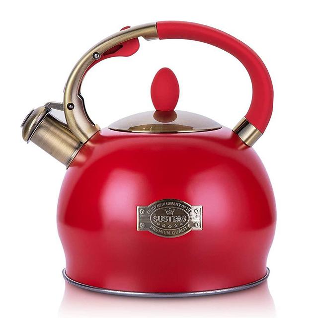 SUSTEAS Red Stove Top Whistling Tea Kettle-Surgical Stainless Steel Teakettle Teapot with Cool Toch Ergonomic Handle,1 Free Silicone Pinch Mitt Included，2.64 Quart