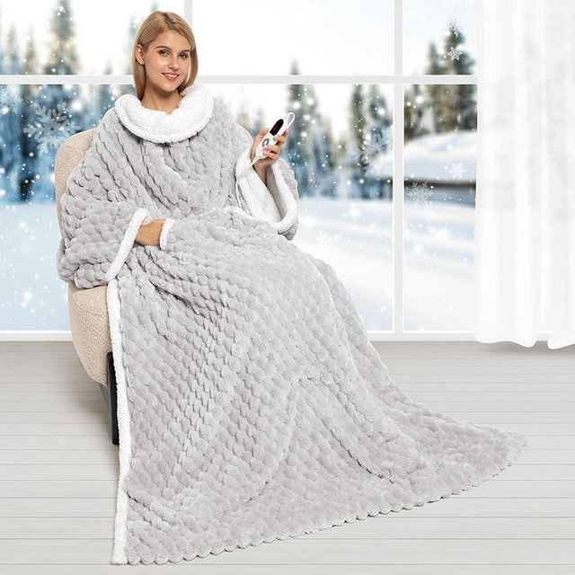 Electric Blanket Heated Throw, Soft Flannel & Sherpa Wearable Heated Blanket with Sleeves, Heating Wearable Blanket with 6 Heating & 12H Auto Off, ETL Certified, Home Office Use 52x72 Inch, Grey Plaid