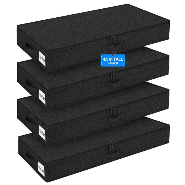 punemi Shallow Under bed Storage Container Bags, Low Profile Underbed Zipper Storage Bins W/Sturdy Side & Bottom Support,Fabric Thin Storage Drawer For College Dorm,33.5 x 15.8 x 4.5inch Black,4 Pack