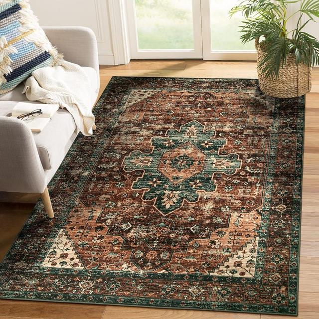 Moynesa Ultra-Thin Washable Vintage Area Rug - 4x6 Living Room Rug for Bedroom Office, Non-Shed Non Slip Oriental Laundry Bathroom Mat Indoor Accent Floor Carpet for Entrance Kitchen Mudroom