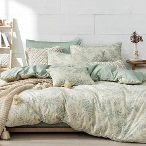 Botanical Cotton Comforter Queen Size - Dusty Green Comforter Printed with Luxrious Greyish-Green Ferns on Beige,Reversible Lightweight Bedding Sets 3Pcs(90"×90")