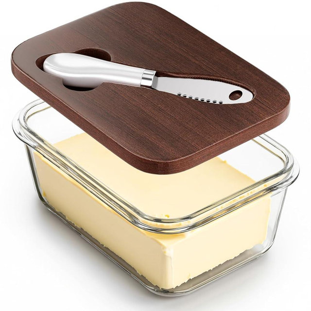 Glass Butter Dish with Acacia Wood and Knife, Airtight Seal for Freshness, Large Butter Dish for East and West Coast Butter, Ideal for Countertop and Refrigerator Storage, Premium Glass Butter Keeper