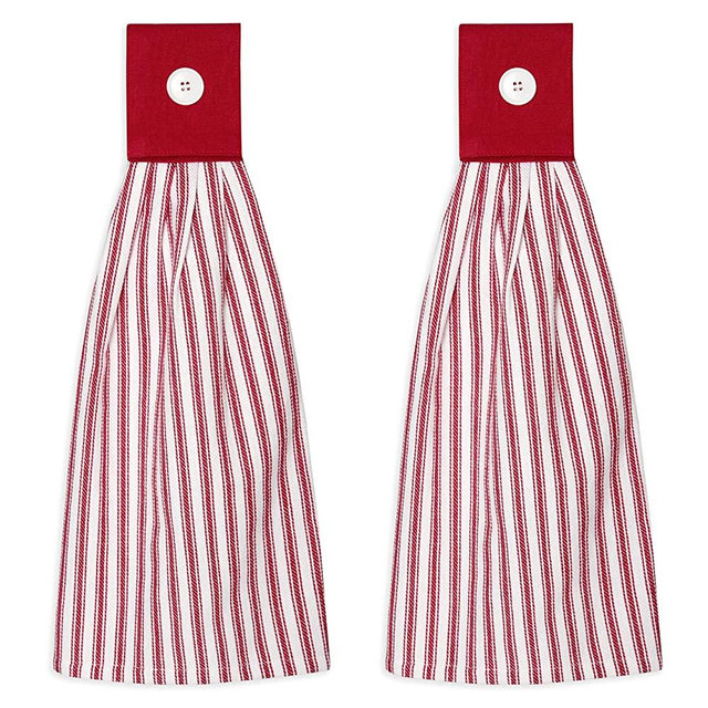Cackleberry Home Tango Red and White Ticking Stripe Hanging Kitchen Dish Hand Towel Cotton with Button Accent, Set of 2