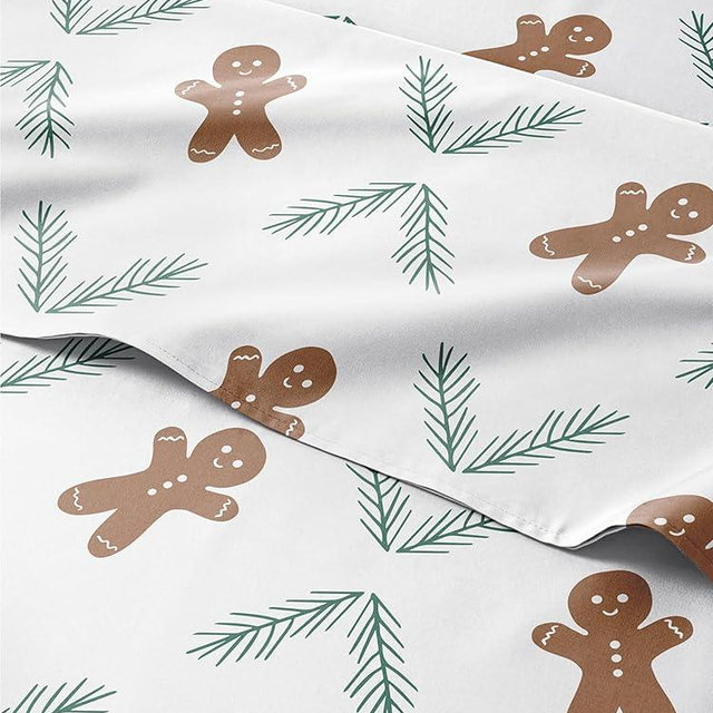 Queen Christmas Gingerbread Cookie Sheet Set - Holiday Xmas Pattern Bedding Set - Deep Pockets - Snug Fit - 4 Piece - Wrinkle Free - Comfy Festive Winter - Holiday Sheets for Women, Men, Kids & Teens
