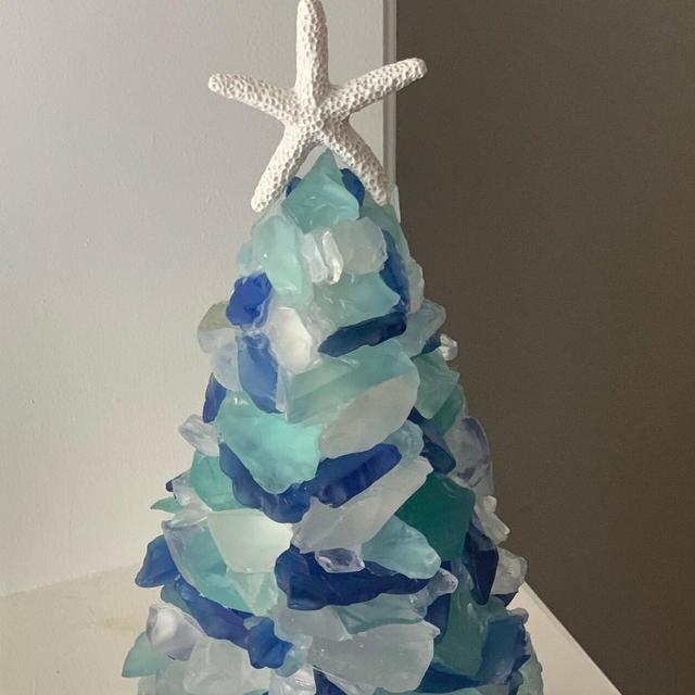Sea Glass (9 inch) Christmas Tree in green, blue and white glass a one-of-a-kind, handmade, unique gift or coastal decor