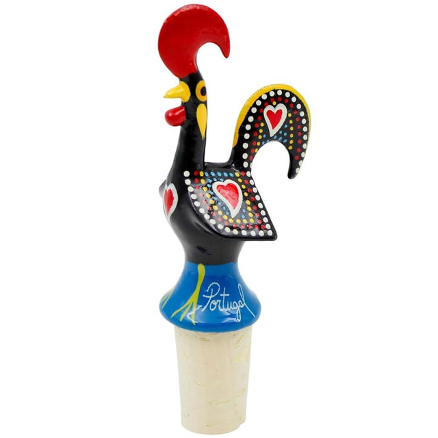 Traditional Hand-Painted Portuguese Good Luck Rooster Wine Bottle Stopper - Metal Decorative Cork Stopper for Wine - Unique Kitchen, Bar & Dining Gift Idea (Black)