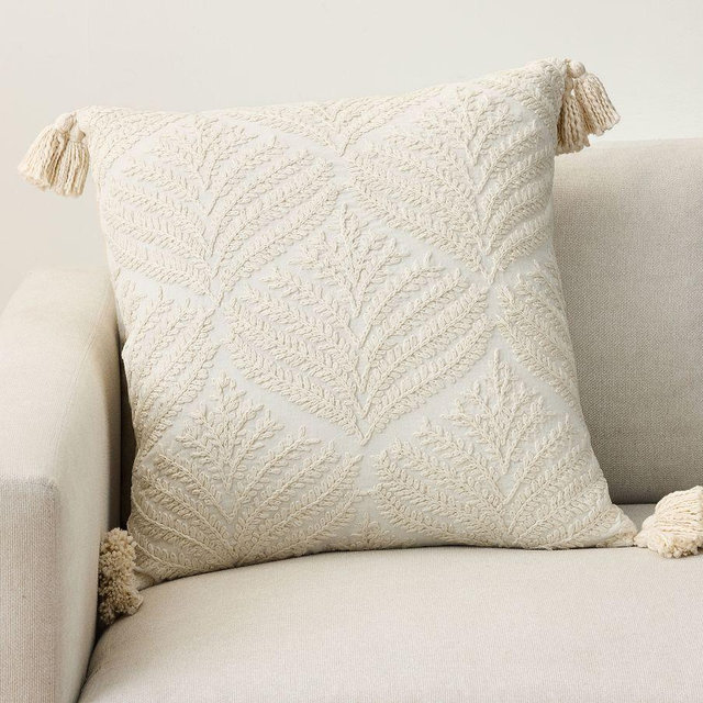 Fern Embroidered Tassle Pillow Cover, Ivory, 22"
