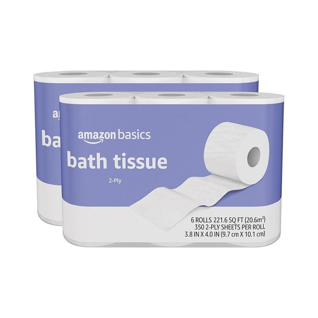 Amazon Basics 2-Ply Toilet Paper 12 Rolls = 48 Regular Rolls, 350 Sheets, (2 Packs of 6), Unscented