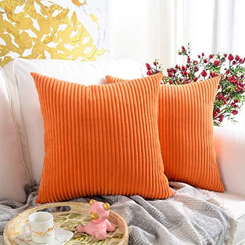 MERNETTE Pack of 2, Corduroy Soft Decorative Square Throw Pillow Cover Cushion Covers Pillowcase, Home Decor Decorations for Sofa Couch Bed Chair 18x18 Inch/45x45 cm (Striped Orange)