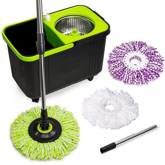 Black and Green Spin Mop with 3 Mop Heads